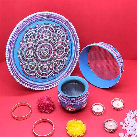 Buy Decorated Karwa Chauth Thali Set Sky Blue at best price – MyKanha.com