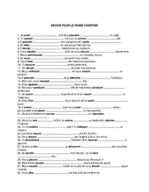 Devoir POUR LE Passé Composé - DEVOIR POUR LE PASSÉ COMPOSÉ Je avoir ...