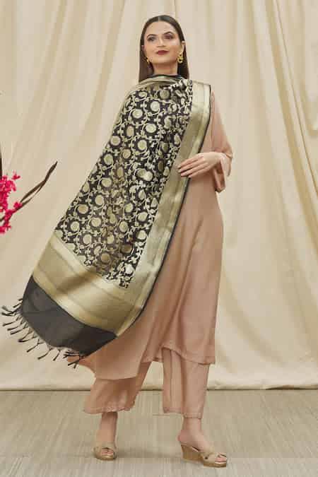 Buy Black Brocade Embroidery Blossom Woven Dupatta For Women by ...