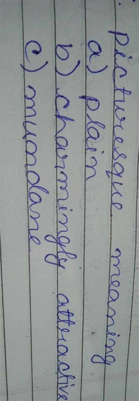 picturesque meaning a) plain b) charmingly attractive c) mundane | Filo