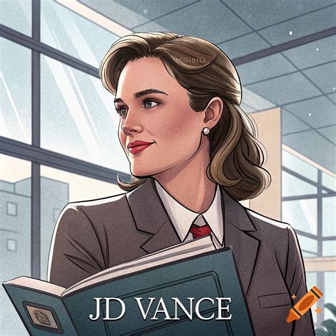 Illustration of a woman in a suit holding a book labeled "JD VANCE" in ...