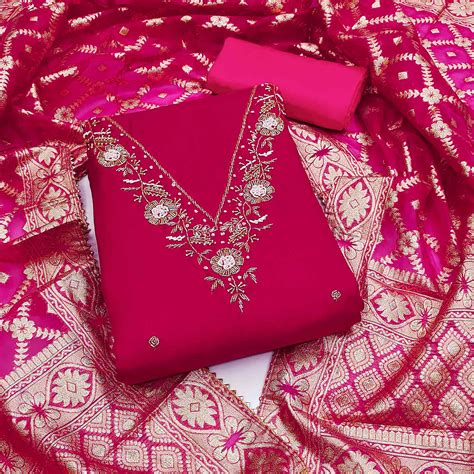 Rani Pink Floral Hand Embroidered Cotton Blend Dress Material