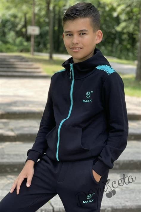Детски спортен екип за момче с цип в черно и светлосиньо | МАТЕРИЯ ...
