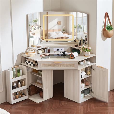46" Corner Vanity Desk with LED Lighted Mirror & Shelves & Charging ...