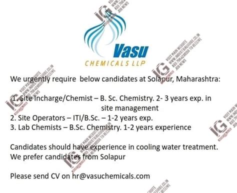Vasu Chemical jobs for Production Shift Incharge Lab Chemist apply now