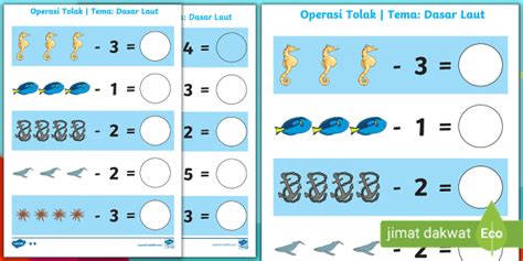 Latihan Mudah Operasi Tolak Tema Dasar Laut (teacher made)