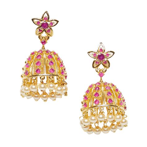 American Diamond CZ Traditional Gold Plated Red Brass Jhumka Earrings ...
