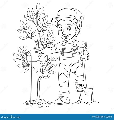 Coloring Page with Farmer Boy Planting a Tree Stock Vector ...