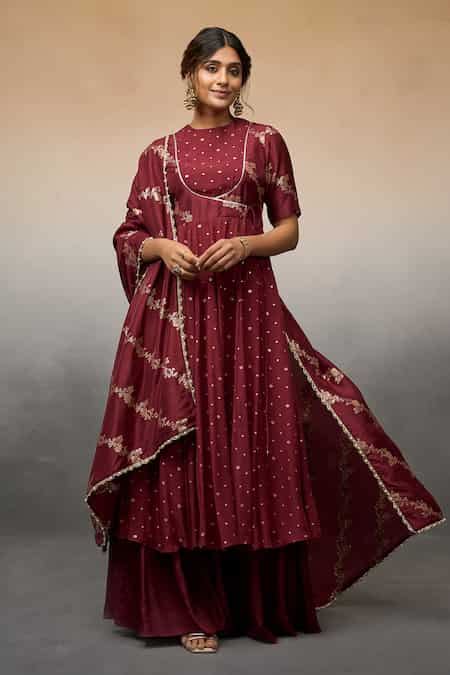 Buy Maroon Flannel, Silk Embroidery Round Floral Vine Pattern Anarkali ...