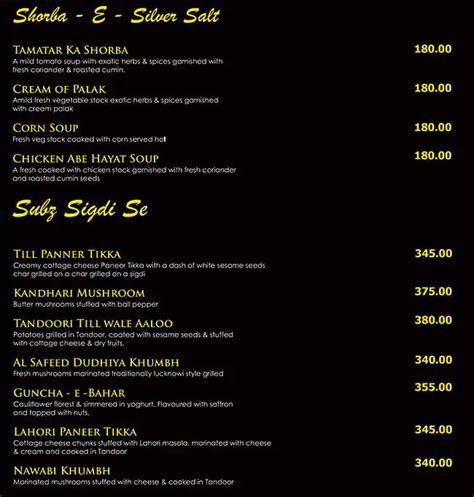 Menu at Saberi's Silver Salt Indian Cuisine, Hyderabad, Roof top