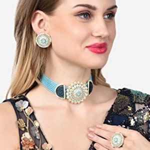 ZAVERI PEARLS Turquoise Blue & Green Meenakari Cascading Waterfall ...