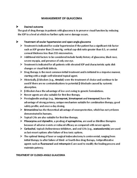 Management OF Glaucoma - MANAGEMENT OF GLAUCOMA Desired outcome The ...