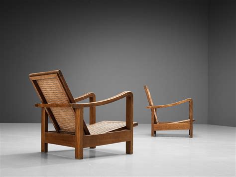 French Pair of Naturalistic Lounge Chairs in Oak and Cane For Sale at ...
