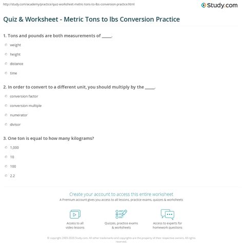 Quiz & Worksheet - Metric Tons to lbs Conversion Practice | Study.com