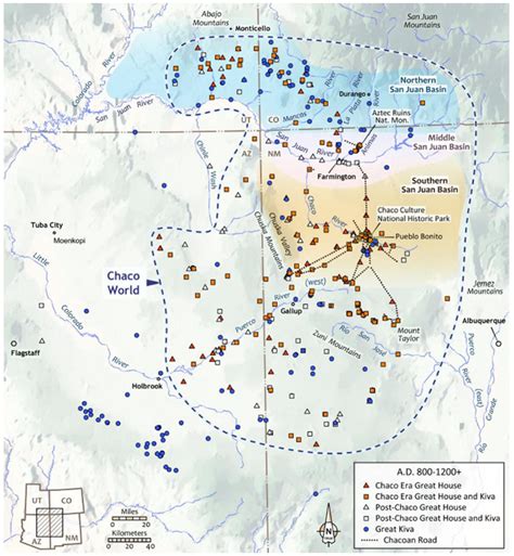 Map of great kivas and great houses that define the chaco