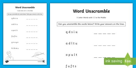 Unscramble the 5 Letter Words with 'u' in the Middle Worksheet