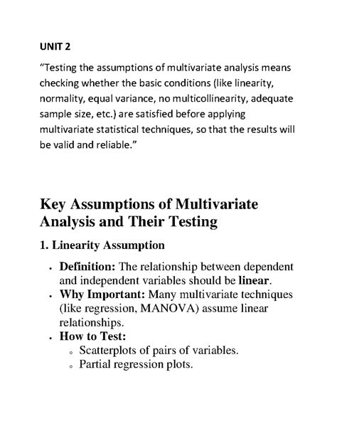 UNIT 2 - Key Assumptions of Multivariate Analysis Notes - Studocu
