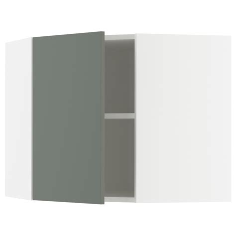METOD corner wall cabinet with shelves, white/Nickebo matt grey-green ...