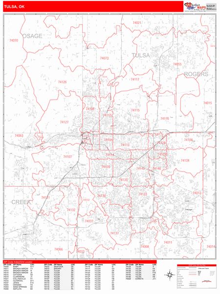 Tulsa Oklahoma Zip Code Wall Map (Red Line Style) by MarketMAPS