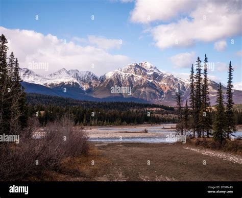 View of Pyramid Mountain and the Athabasca River in Jasper National ...