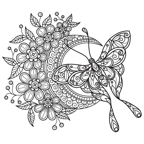 Butterfly And Flower Moon Hand Drawn For Adult Coloring Book - Coloring ...