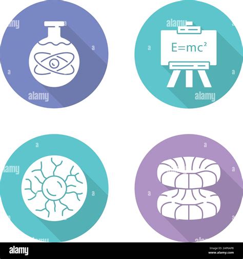 Physics branches flat design long shadow glyph icons set. Chemical, modern, plasma and quantum ...