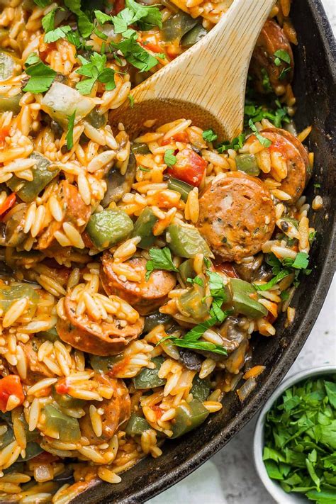 One-Pan Orzo and Chicken Sausage | Turkey sausage recipes, Chicken ...