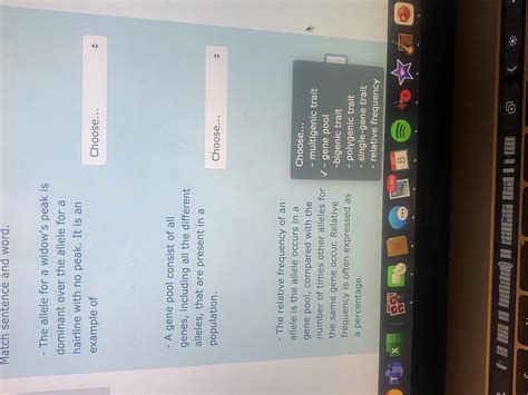 Match sentence and word.1. The allele for a widow's peak is dominant ...