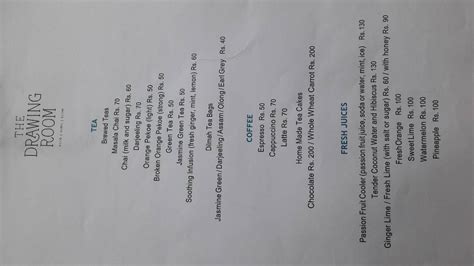 Menu at Drawing Room, Kochi