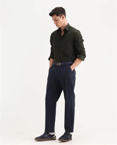Rare Rabbit Men's Oren Navy Cotton Plain Straight Fit Trouser