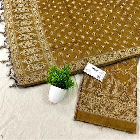 Dark Mustard Surahi Jaal Cotton Silk Banarasi Suit – Mohsin Textiles