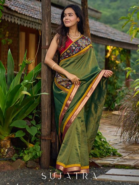 Exclusive green tissue saree with hand painted kalamkari borders & mah ...