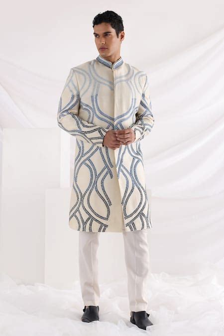 Buy Ivory Bamboo, Cotton Embroidery Vine Leaf Sherwani Set For Men by ...