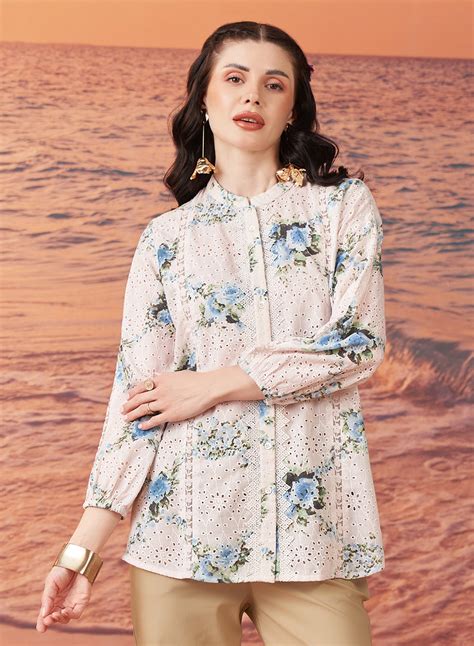 Nara Sky Blue Printed Schiffli Cotton Shirt for Women – Lakshita