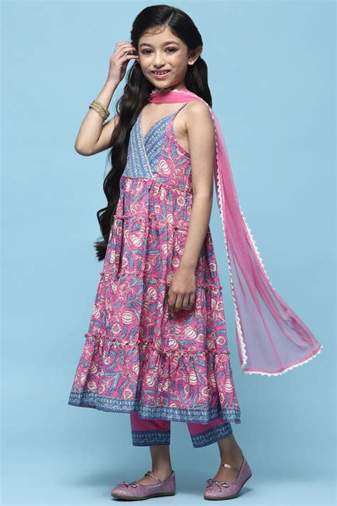 Pink Cotton Tiered Kurta With Palazzo & Net Dupatta at Biba India