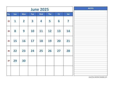 June Calendar 2025 grid lines for holidays and notes (horizontal ...