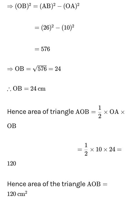 In this figure , if AOB = 90° , AC = BC , OA=10 cm and OC =13 cm . The ...