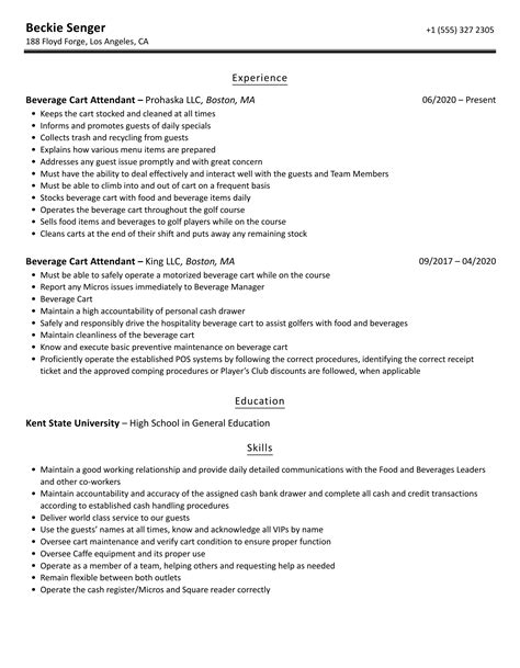 Beverage Cart Attendant Resume Samples | Velvet Jobs