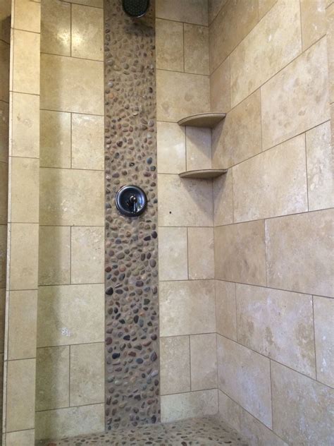 Natural Pebble Stone Shower Floor and Wall Accents