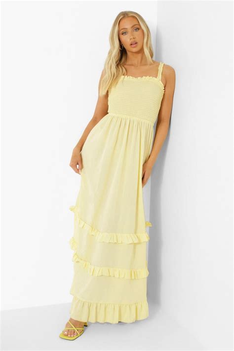 Ruffle Shirred Tie Back Tiered Maxi Dress | boohoo IE