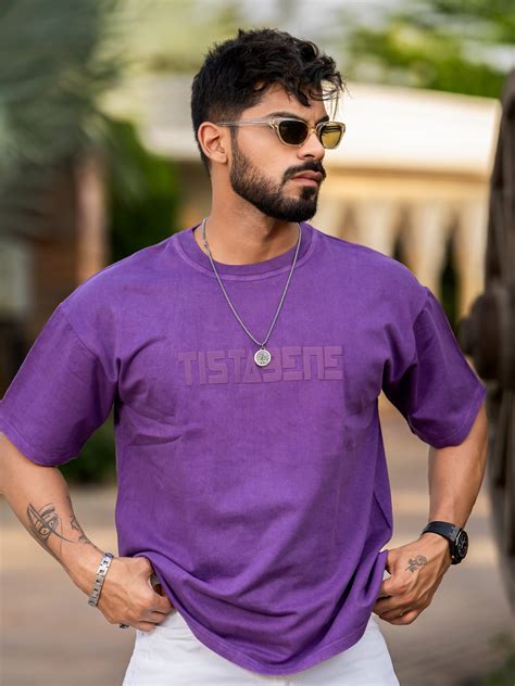 Buy Purple stone wash Tistabene puff printed Oversized half sleeves T ...