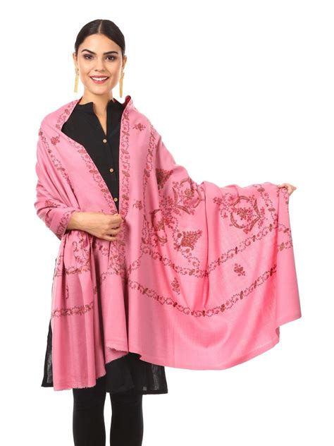 Pashtush Women's Woollen Shawl, Hand Embroidery, 100% Hand-Made (Pink ...