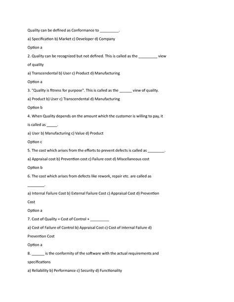 Sqa 2 - sqa - Quality can be defined as Conformance to _________. a ...