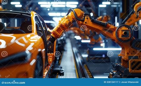 Robotic arms work on a car in a factory, an example of industrial AI