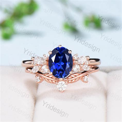 Oval Sapphire Wedding Ring Set Rose Gold Sapphire Diamond Engagement R ...