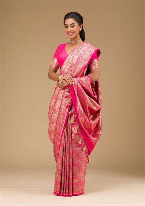 Buy Rani Pink Swarovski Raw Silk Saree - Koskii