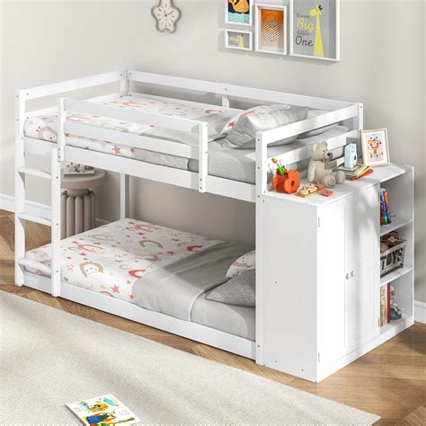 KOTEK Twin Over Twin Bunk Bed with Storage Cabinet & Shelves, Wooden ...