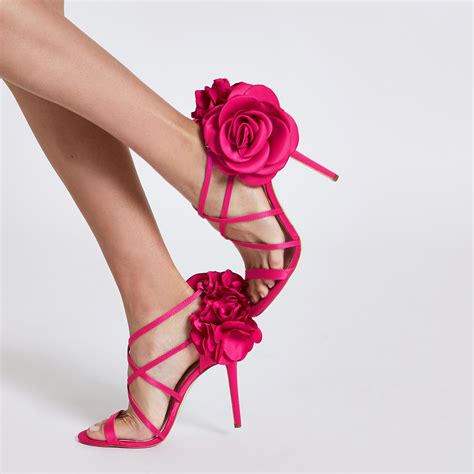 River Island Satin Flower Strappy Stiletto Heel Sandals in Pink - Lyst
