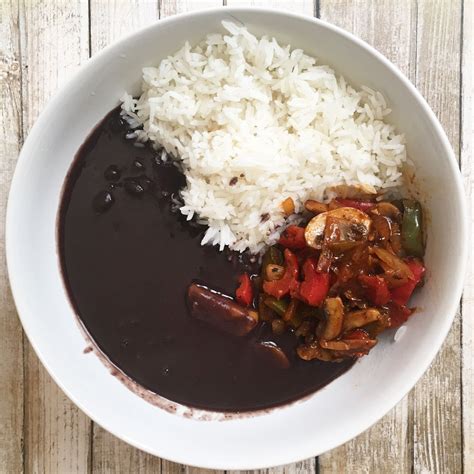 Haitian Black Beans Sauce with White Rice and Veggie Stir Fry