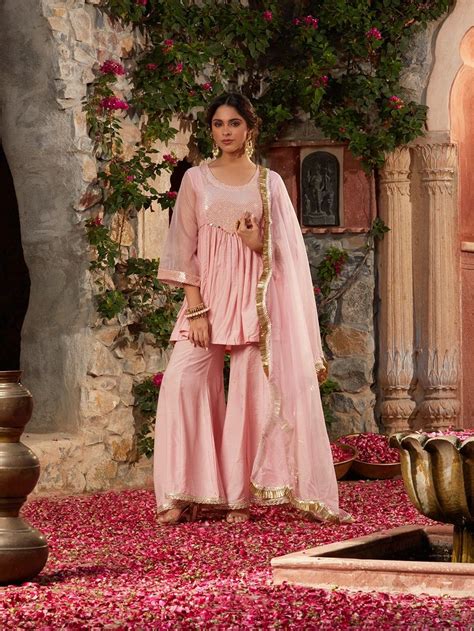 Buy Pink Embroidered Chanderi Kurta with Sharara- Set of 2 | VJ98MAR101 ...